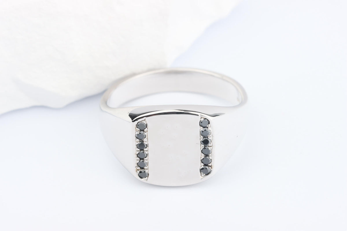 Silver Cushion Signet Ring set with Black Diamonds