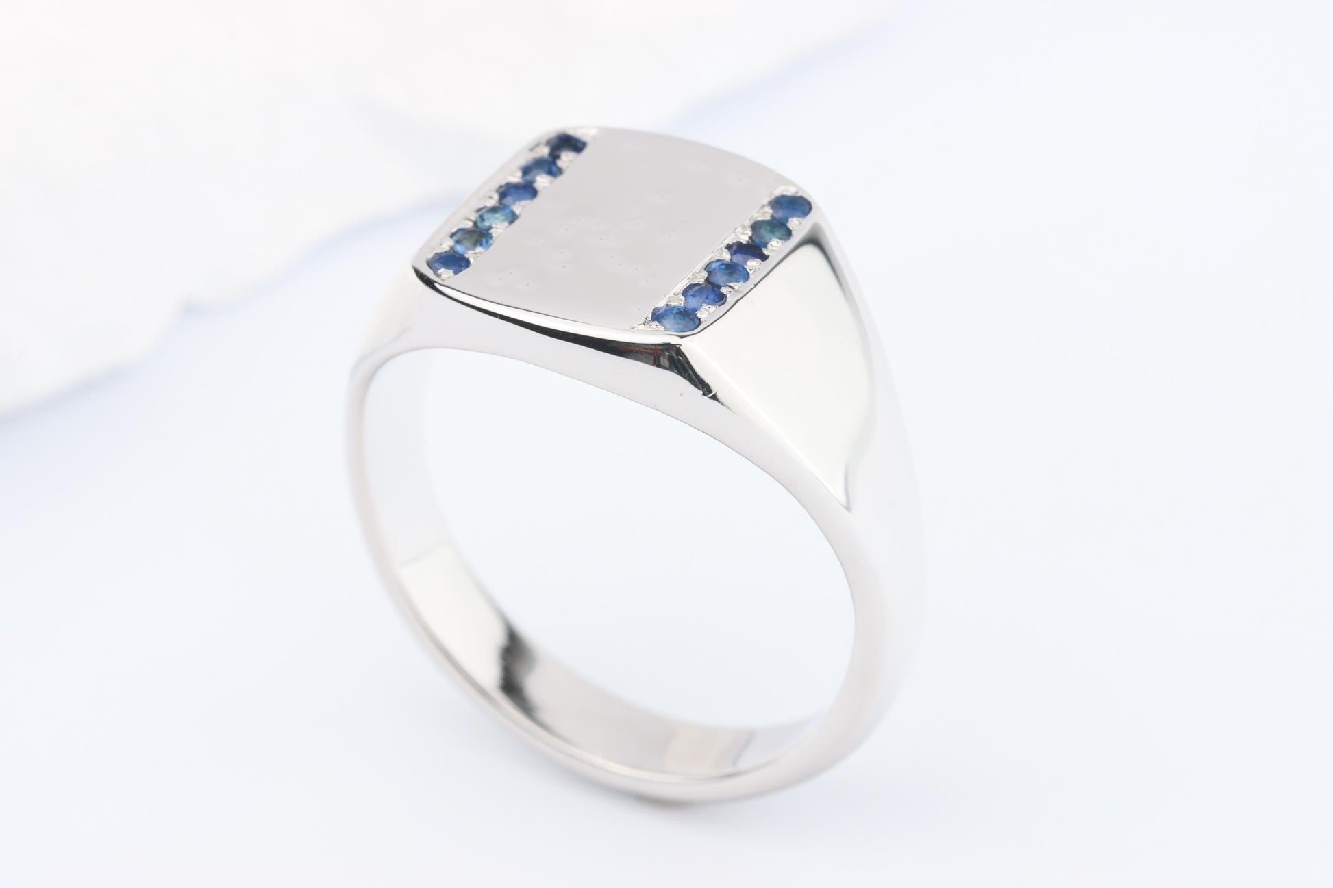 Silver Cushion Signet Ring set with Blue Sapphire Gemstones