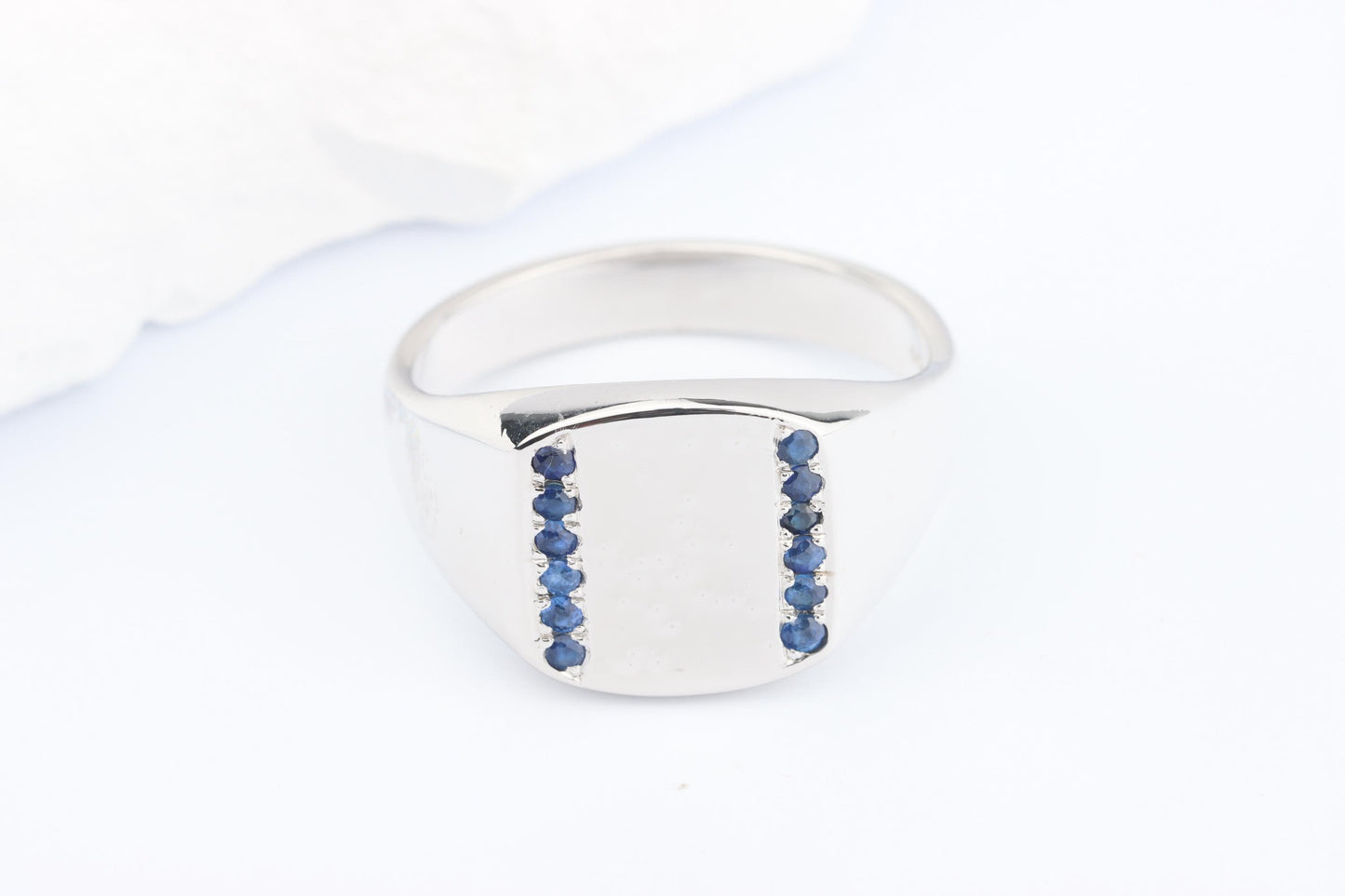 Silver Cushion Signet Ring set with Blue Sapphire Gemstones