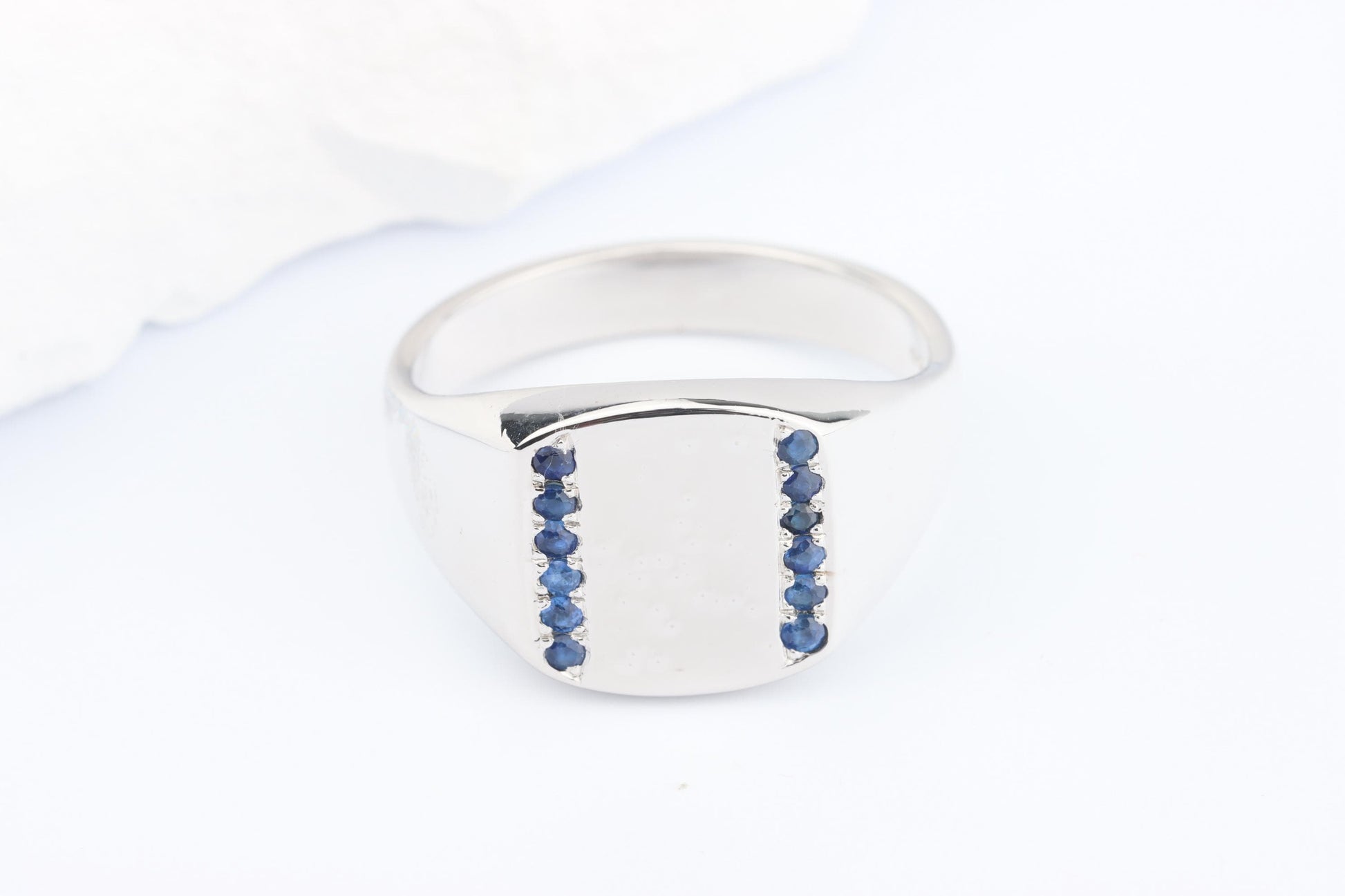 Silver Cushion Signet Ring set with Blue Sapphire Gemstones