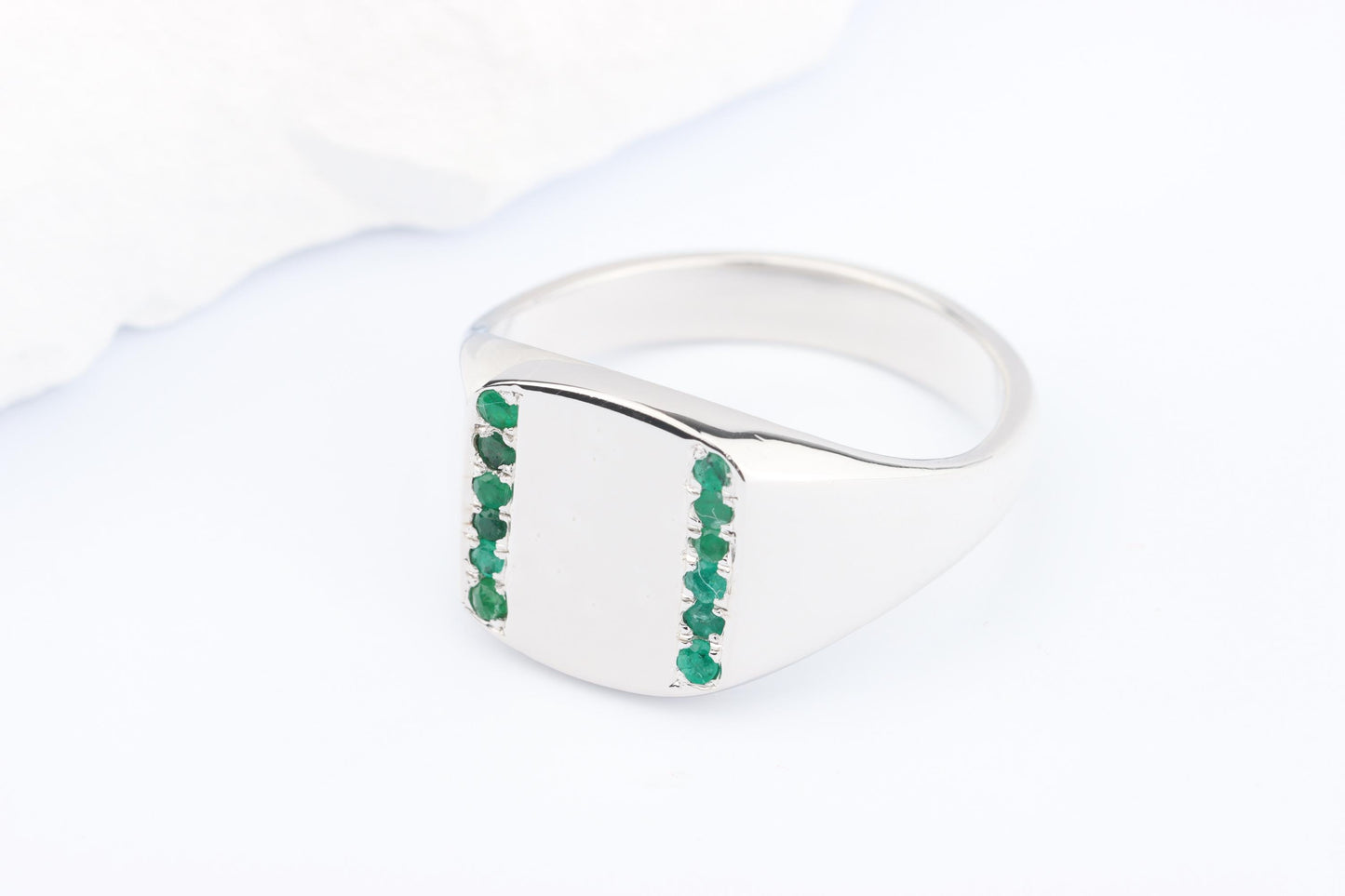Silver Cushion Signet Ring set with Green Emerald Gemstones