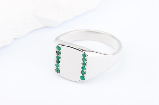 Silver Cushion Signet Ring set with Green Emerald Gemstones