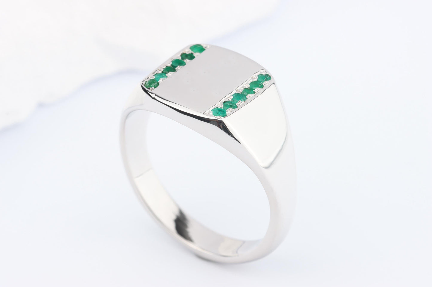 Silver Cushion Signet Ring set with Green Emerald Gemstones