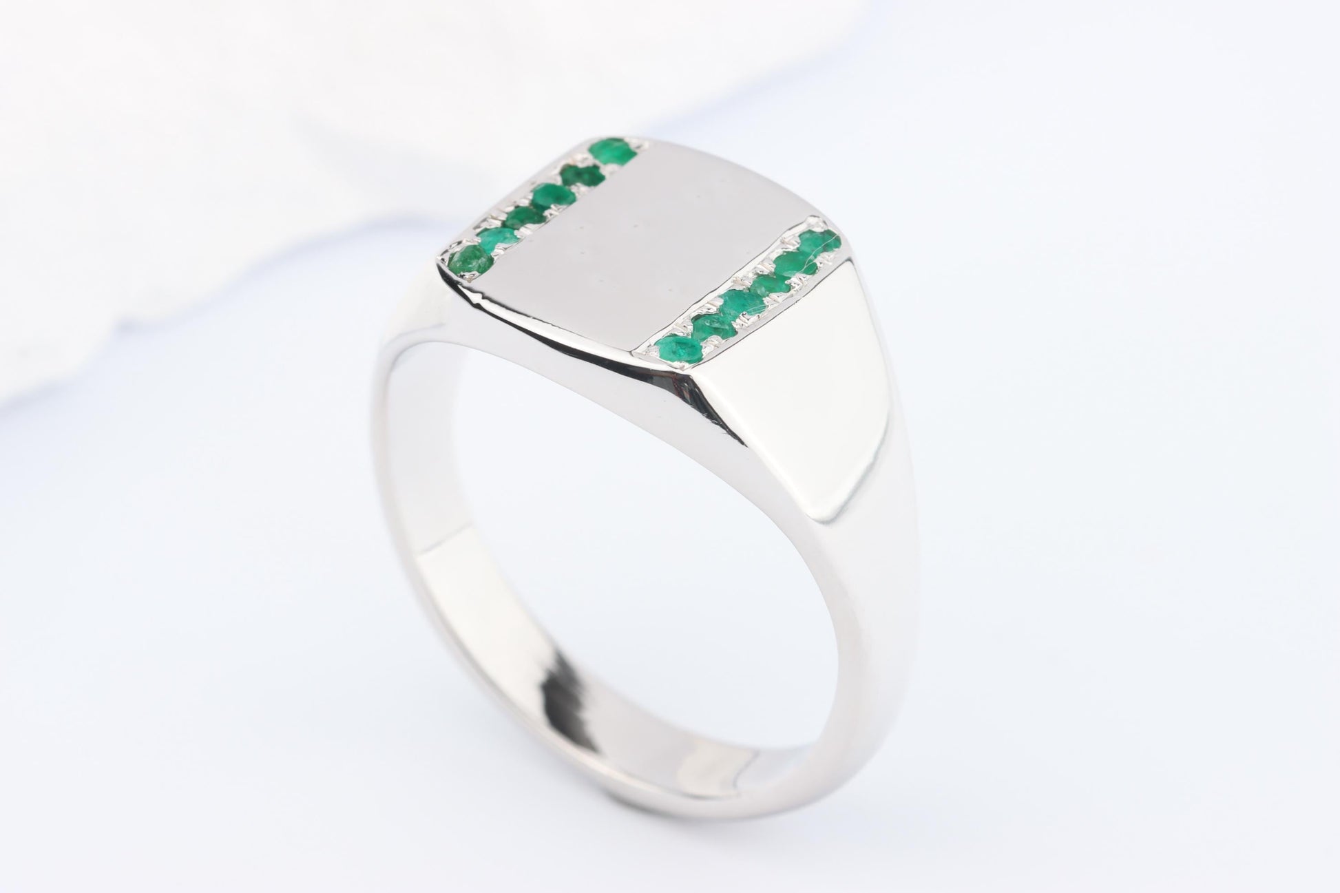 Silver Cushion Signet Ring set with Green Emerald Gemstones