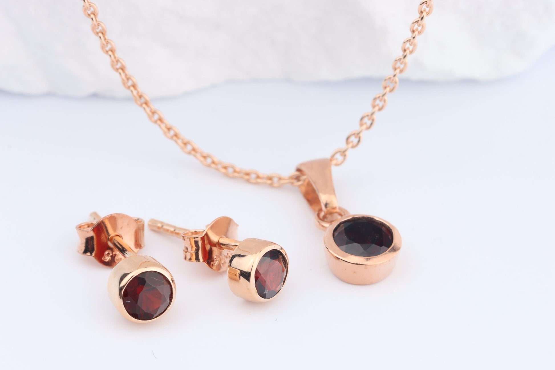 Sterling Silver 18ct Rose Gold Plated January Birthstone Earrings & Necklace Set