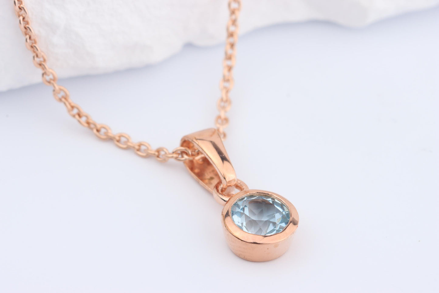 Sterling Silver 18ct Rose Gold Plated March Birthstone Earrings & Necklace Set