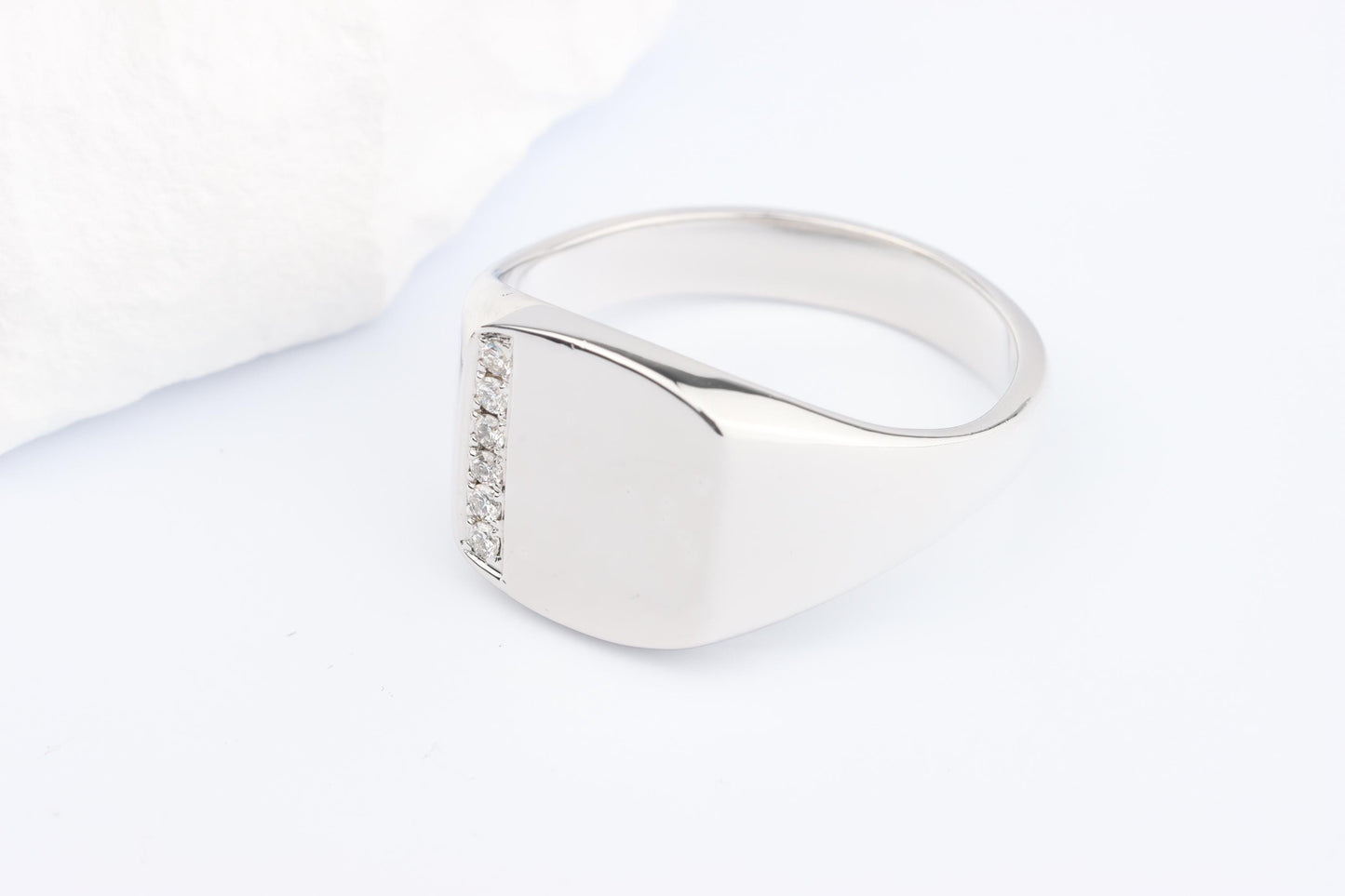 Silver Cushion Signet Ring set with Lab Diamonds