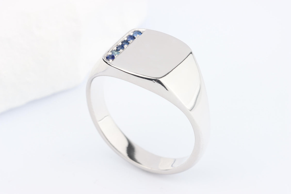 Silver Cushion Signet Ring set with Blue Sapphire Gemstones
