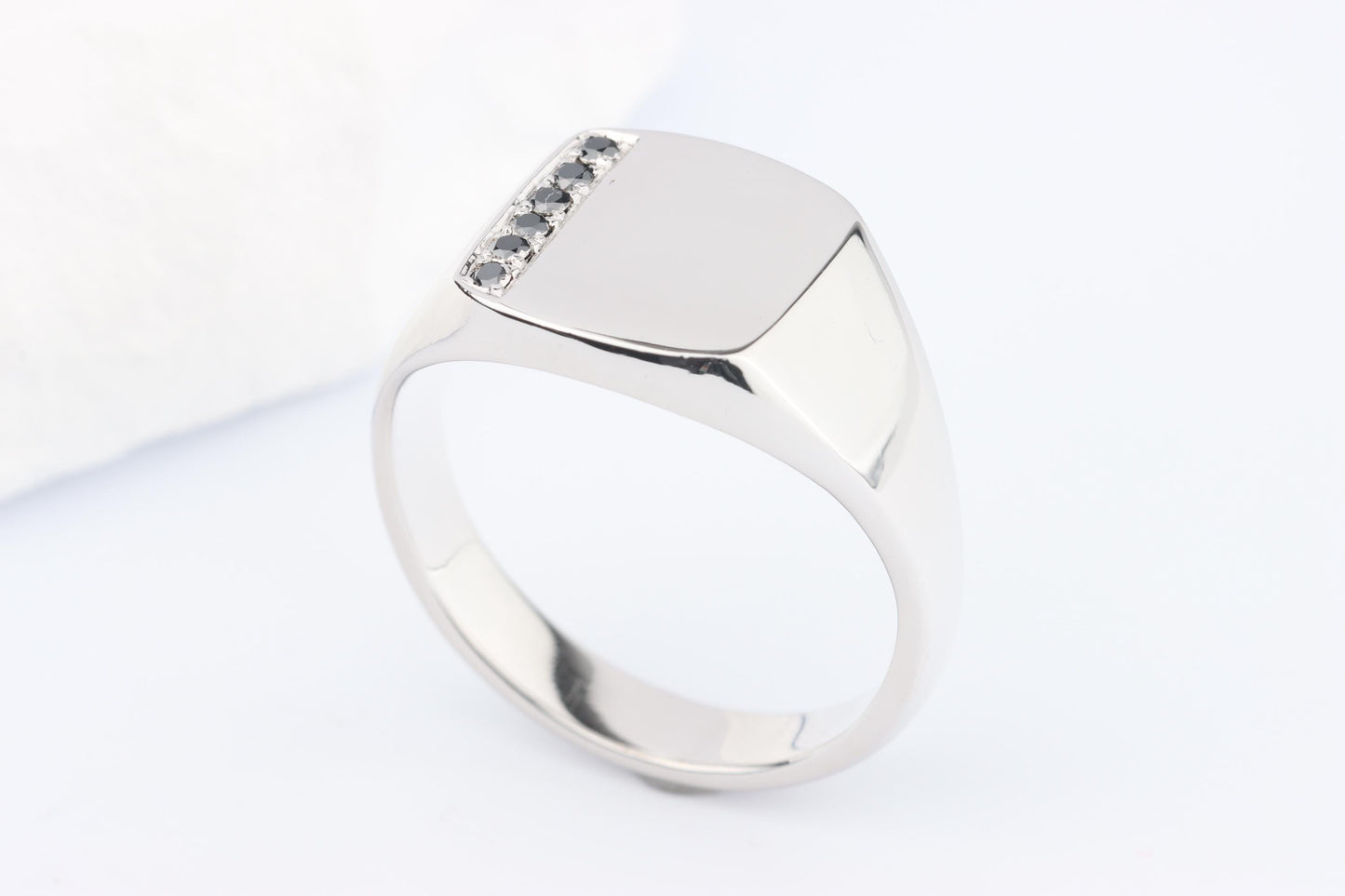 Silver Cushion Signet Ring set with Black Diamonds