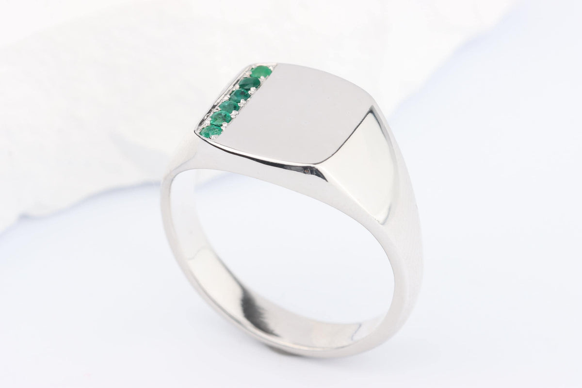 Silver Cushion Signet Ring set with Green Emerald Gemstones