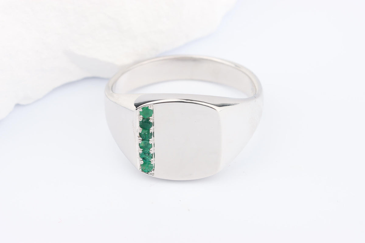Silver Cushion Signet Ring set with Green Emerald Gemstones