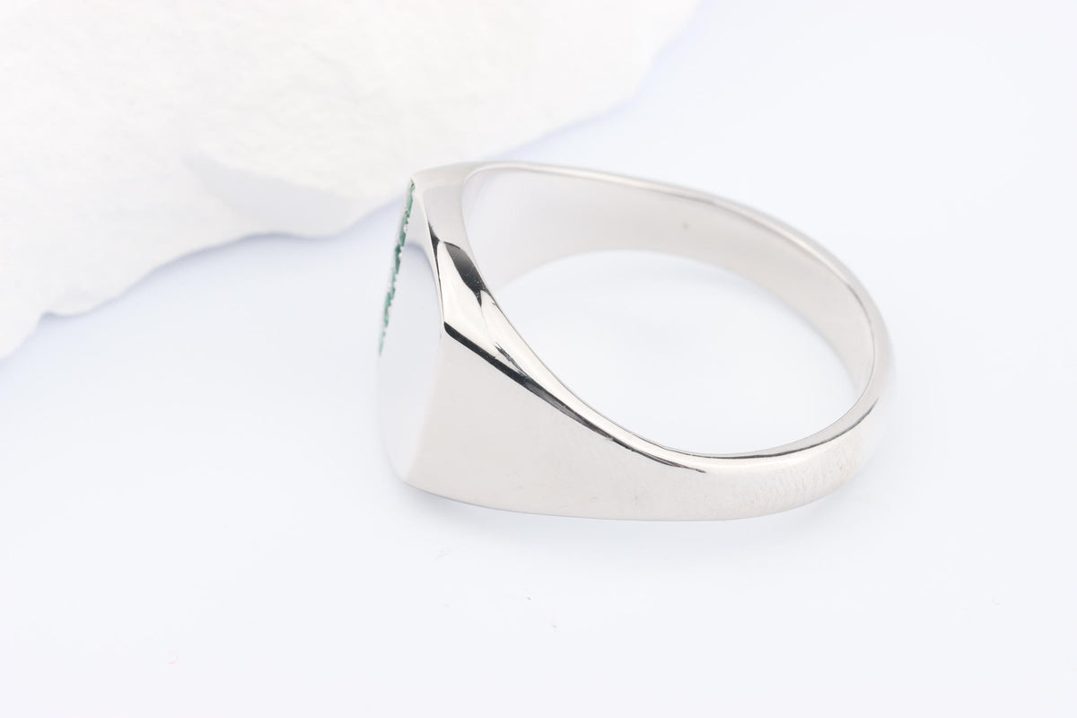 Silver Cushion Signet Ring set with Green Emerald Gemstones