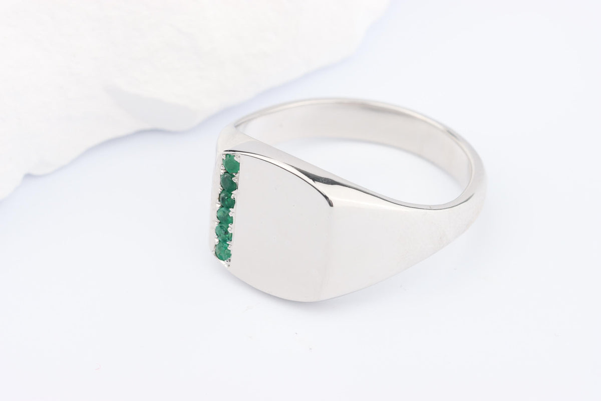 Silver Cushion Signet Ring set with Green Emerald Gemstones