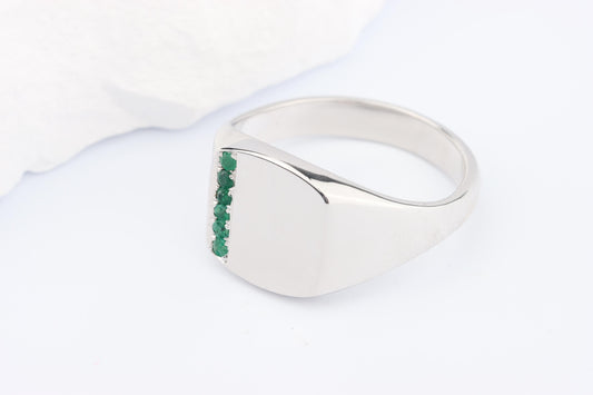 Silver Cushion Signet Ring set with Green Emerald Gemstones