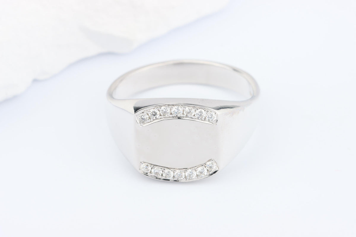 Silver Cushion Signet Ring set with Lab Diamonds