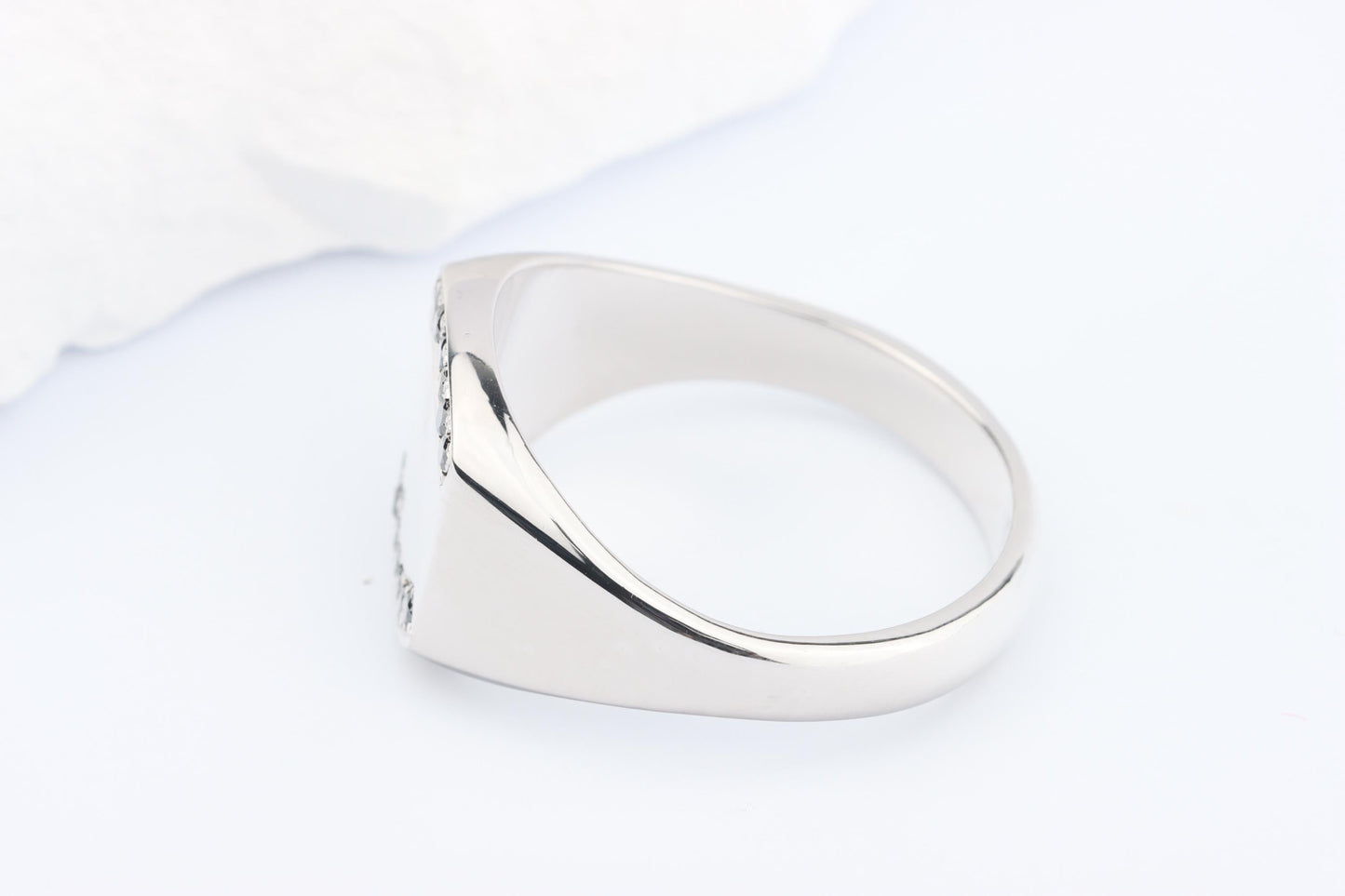 Silver Cushion Signet Ring set with Black Diamonds