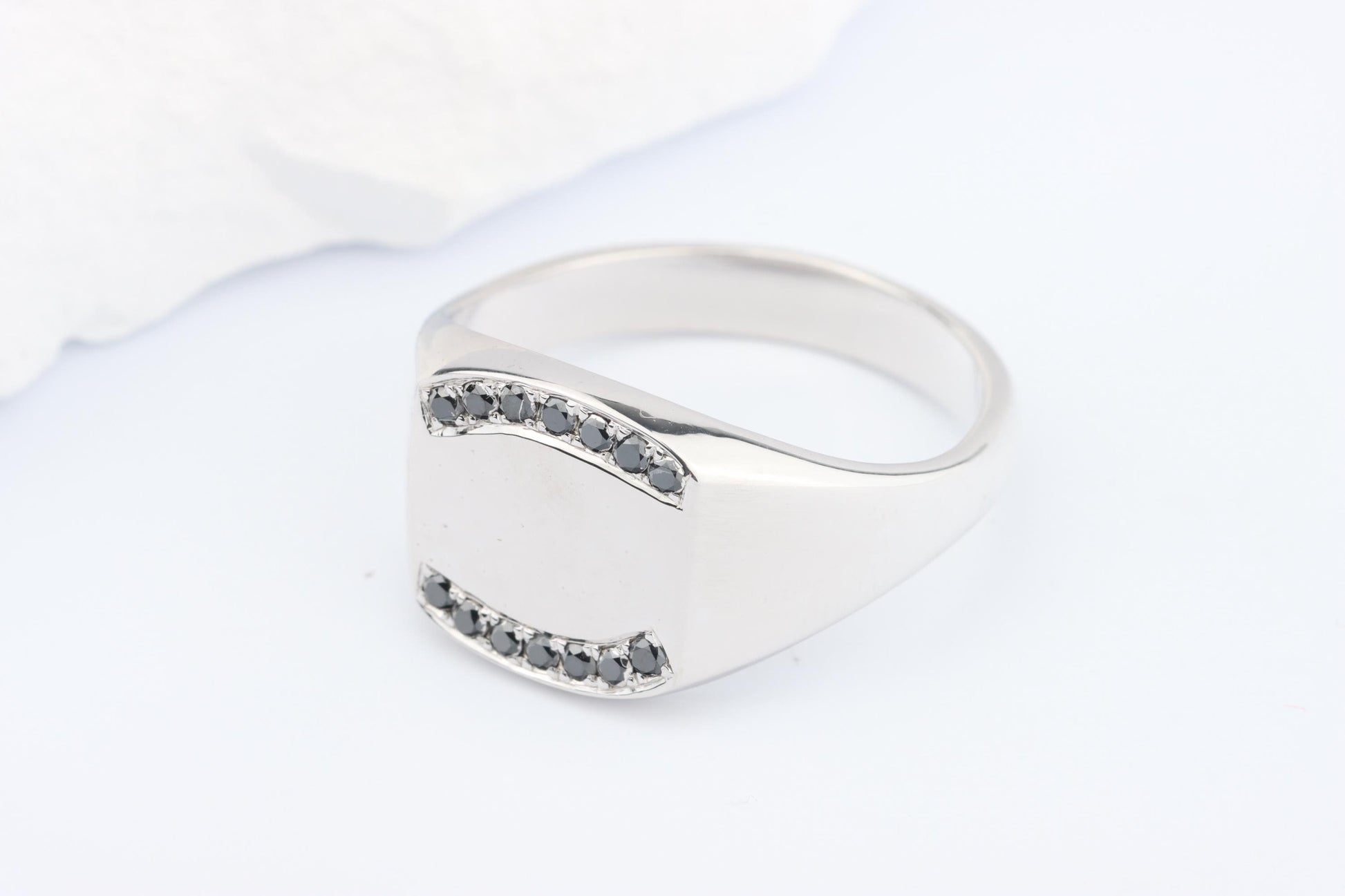 Silver Cushion Signet Ring set with Black Diamonds