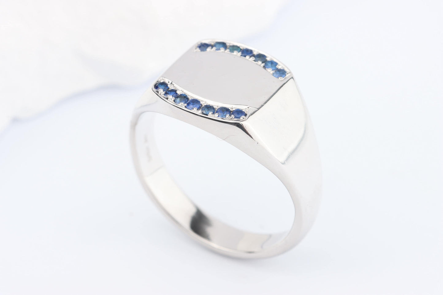 Silver Cushion Signet Ring set with Blue Sapphire Gemstones