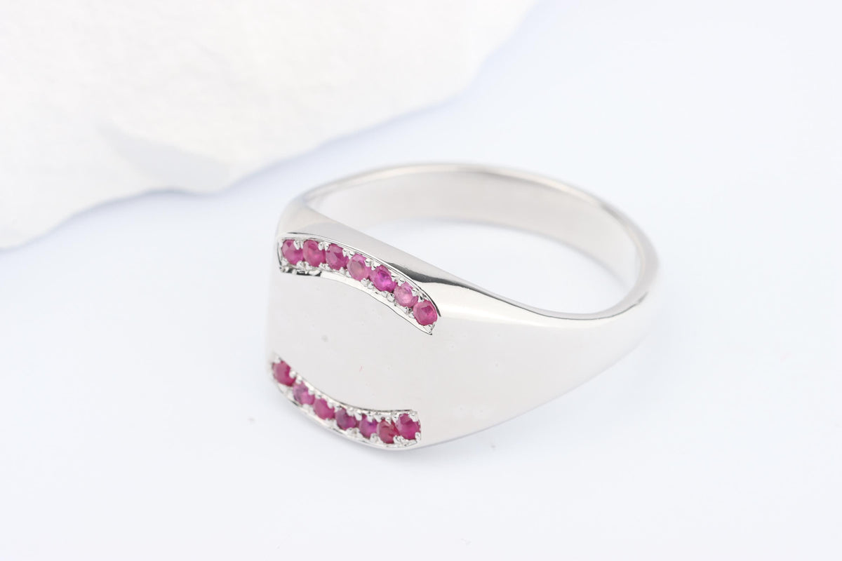 Silver Cushion Signet Ring set with Red Ruby Gemstones