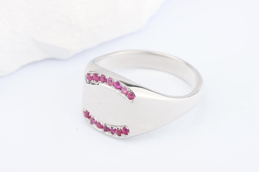 Silver Cushion Signet Ring set with Red Ruby Gemstones