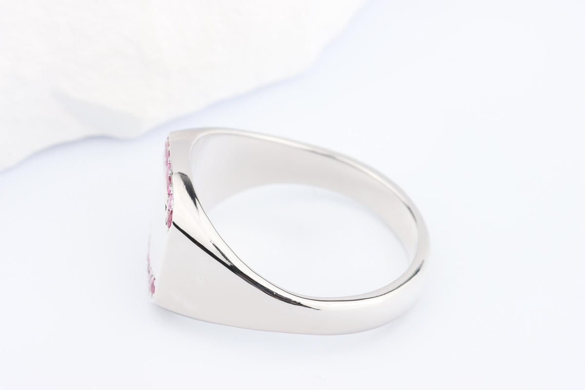 Silver Cushion Signet Ring set with Red Ruby Gemstones