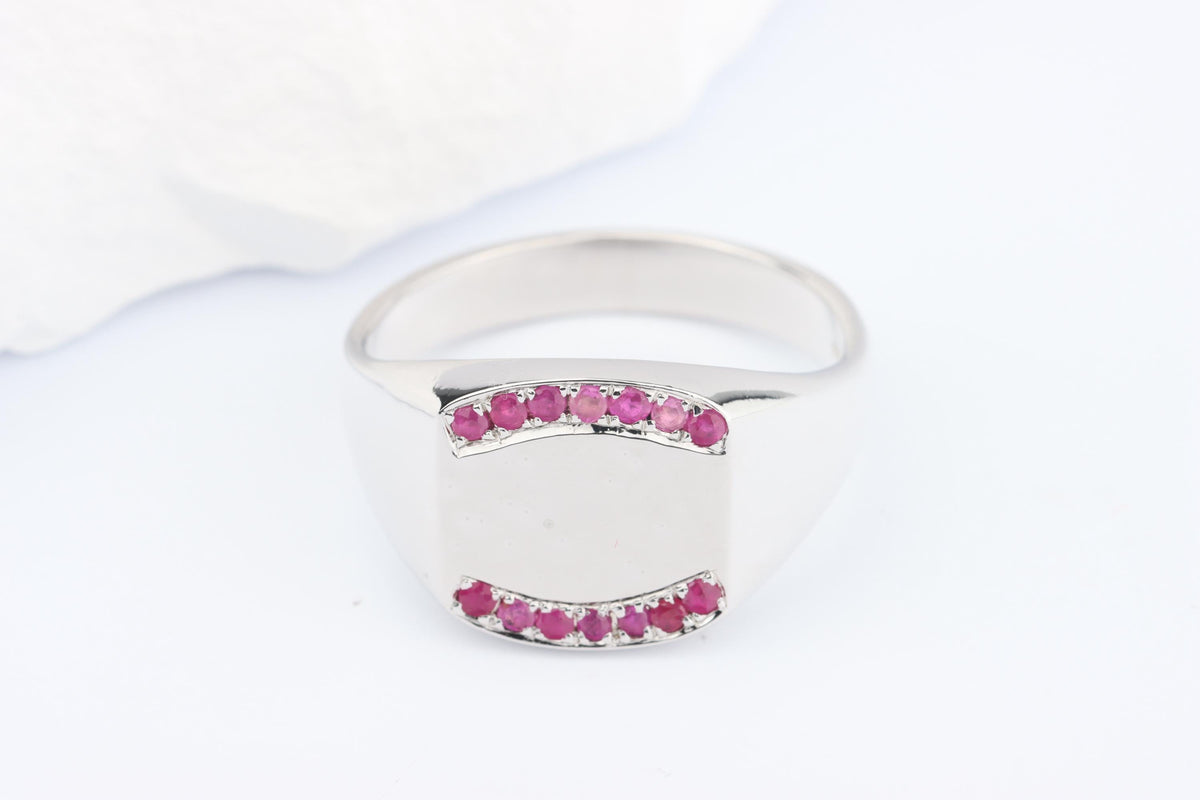 Silver Cushion Signet Ring set with Red Ruby Gemstones