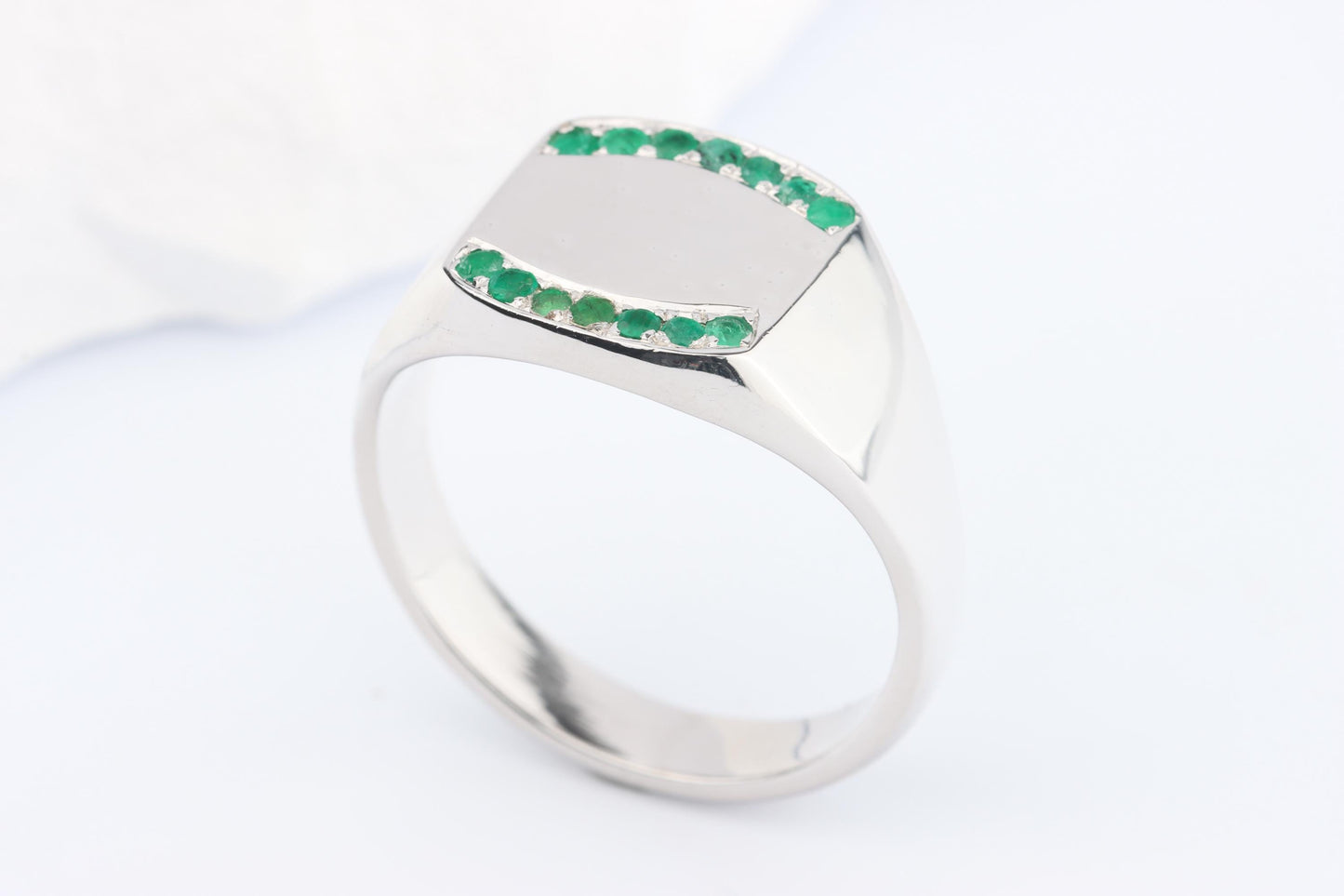 Silver Cushion Signet Ring set with Green Emerald Gemstones