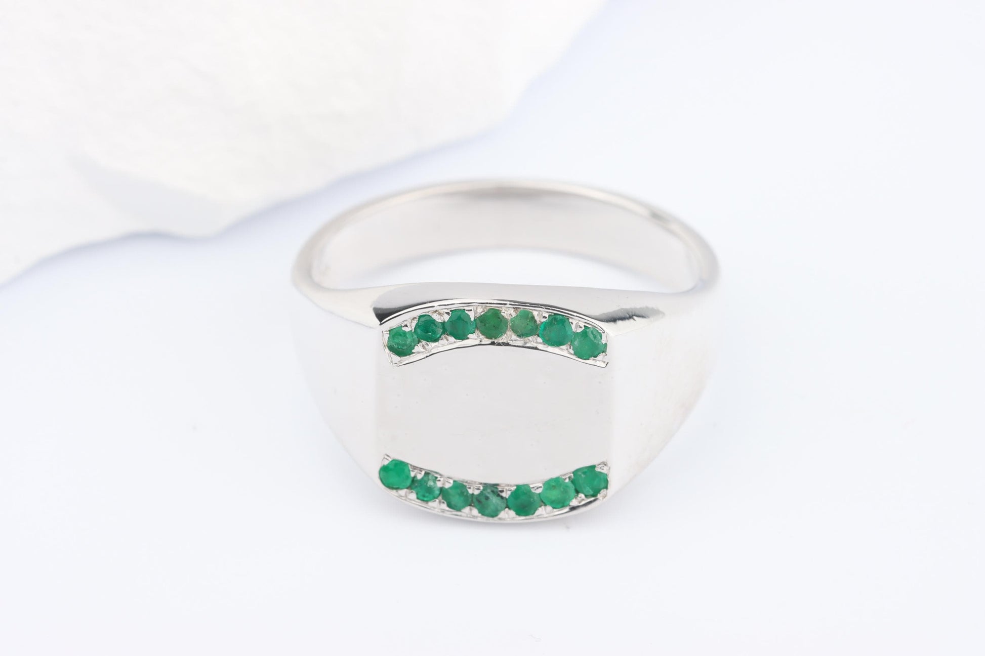 Silver Cushion Signet Ring set with Green Emerald Gemstones