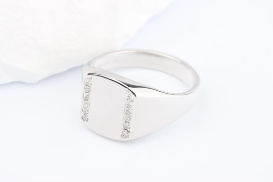 Silver Cushion Signet Ring set with Lab Diamonds
