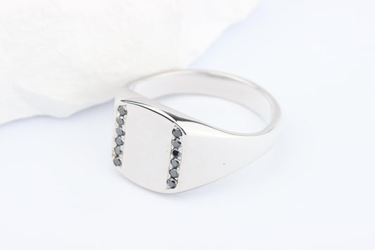 Silver Cushion Signet Ring set with Black Diamonds