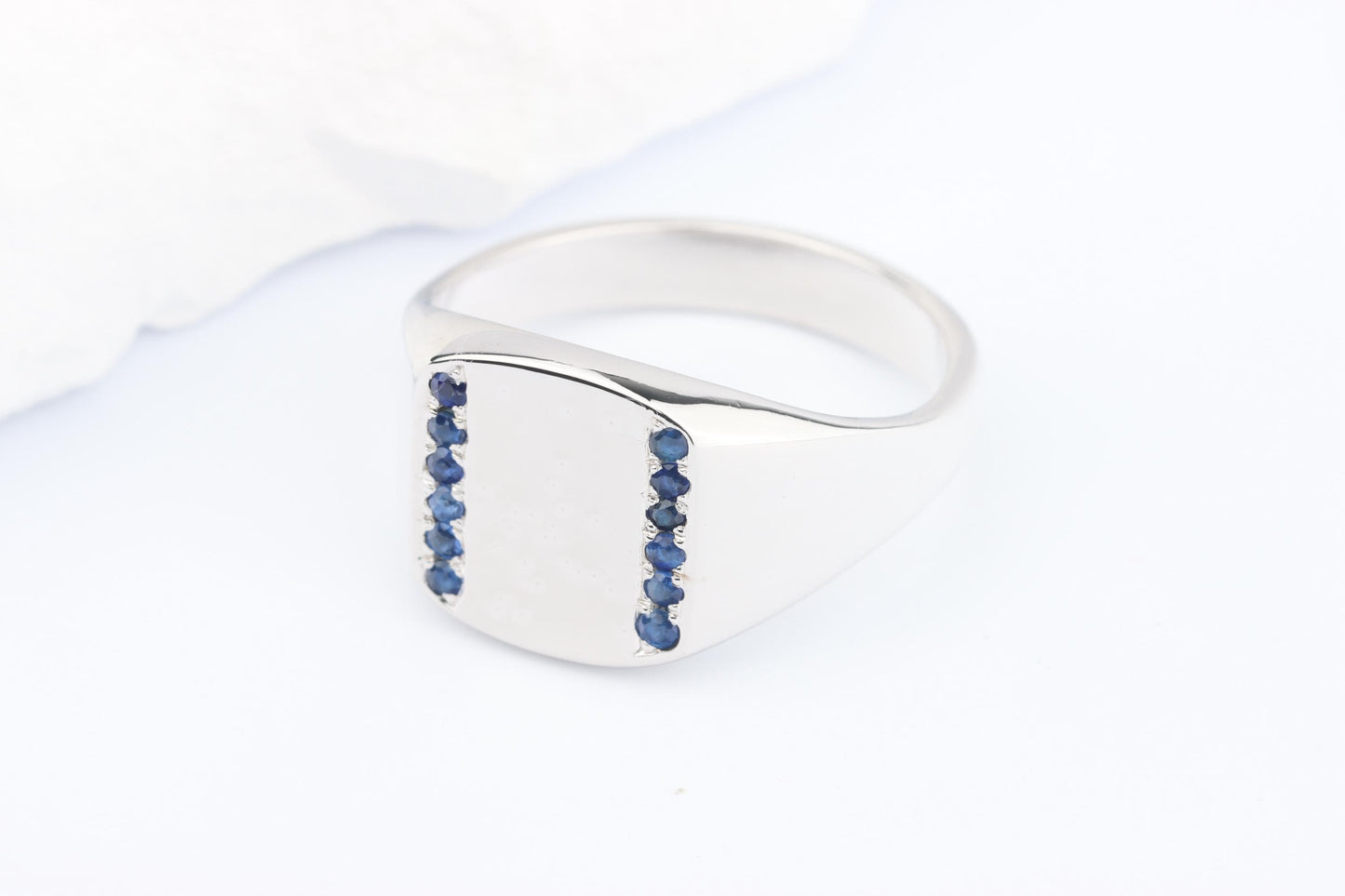 Silver Cushion Signet Ring set with Blue Sapphire Gemstones