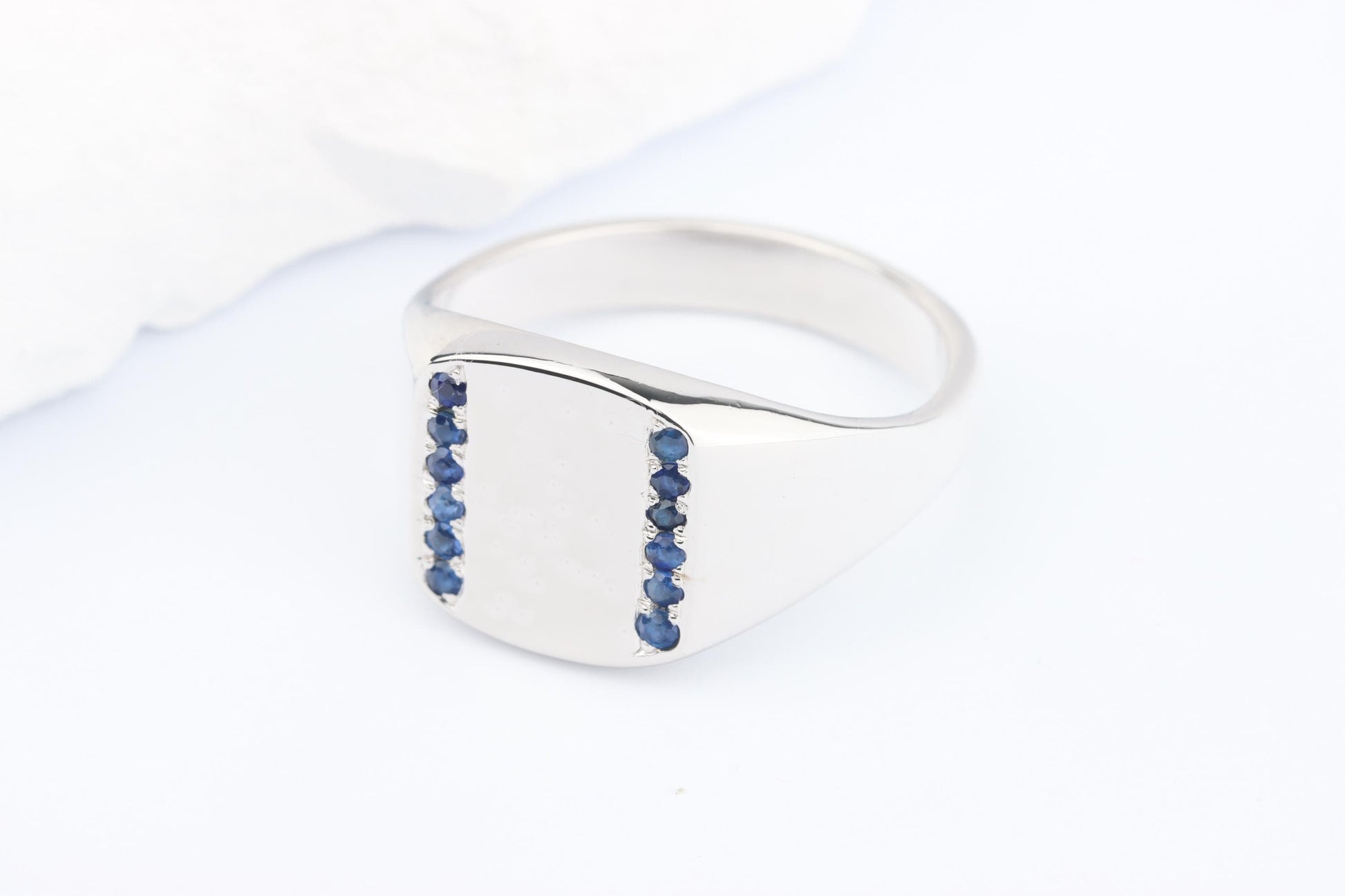 Silver Cushion Signet Ring set with Blue Sapphire Gemstones