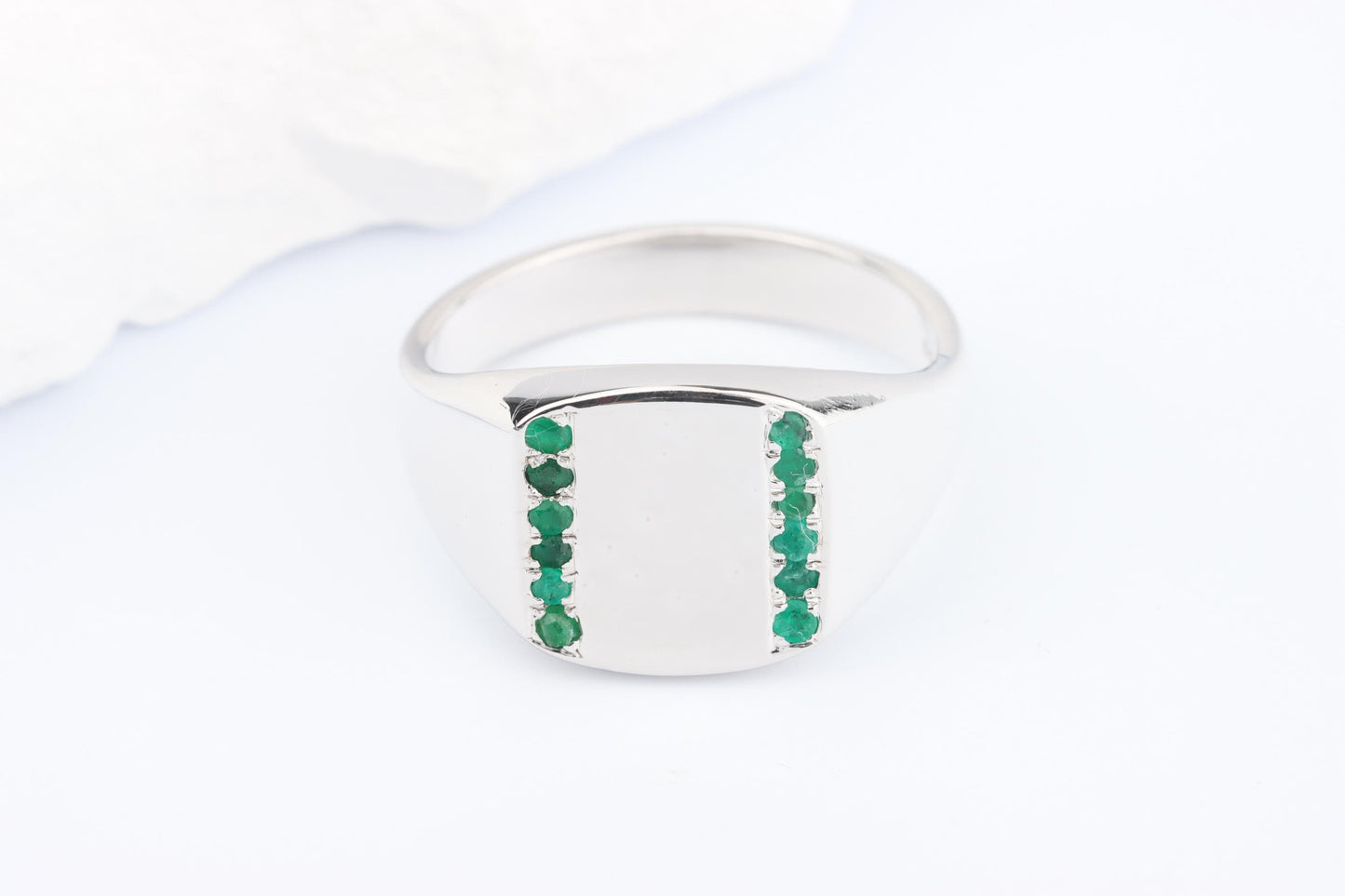 Silver Cushion Signet Ring set with Green Emerald Gemstones