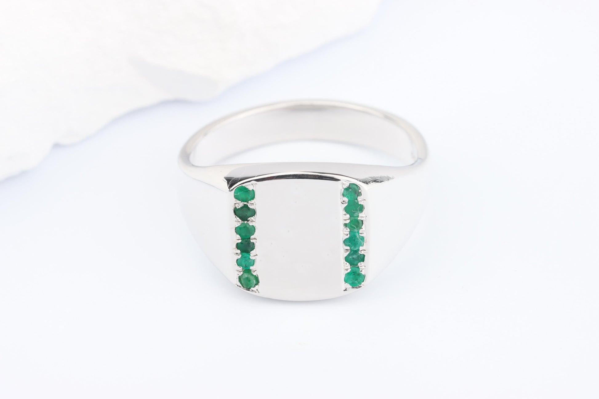 Silver Cushion Signet Ring set with Green Emerald Gemstones