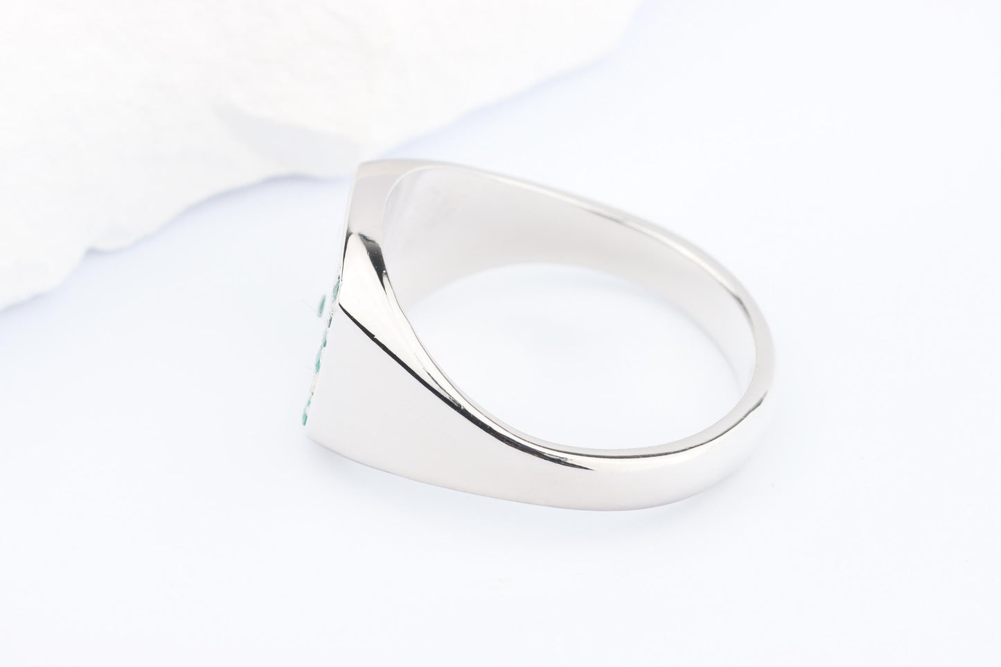Silver Cushion Signet Ring set with Green Emerald Gemstones