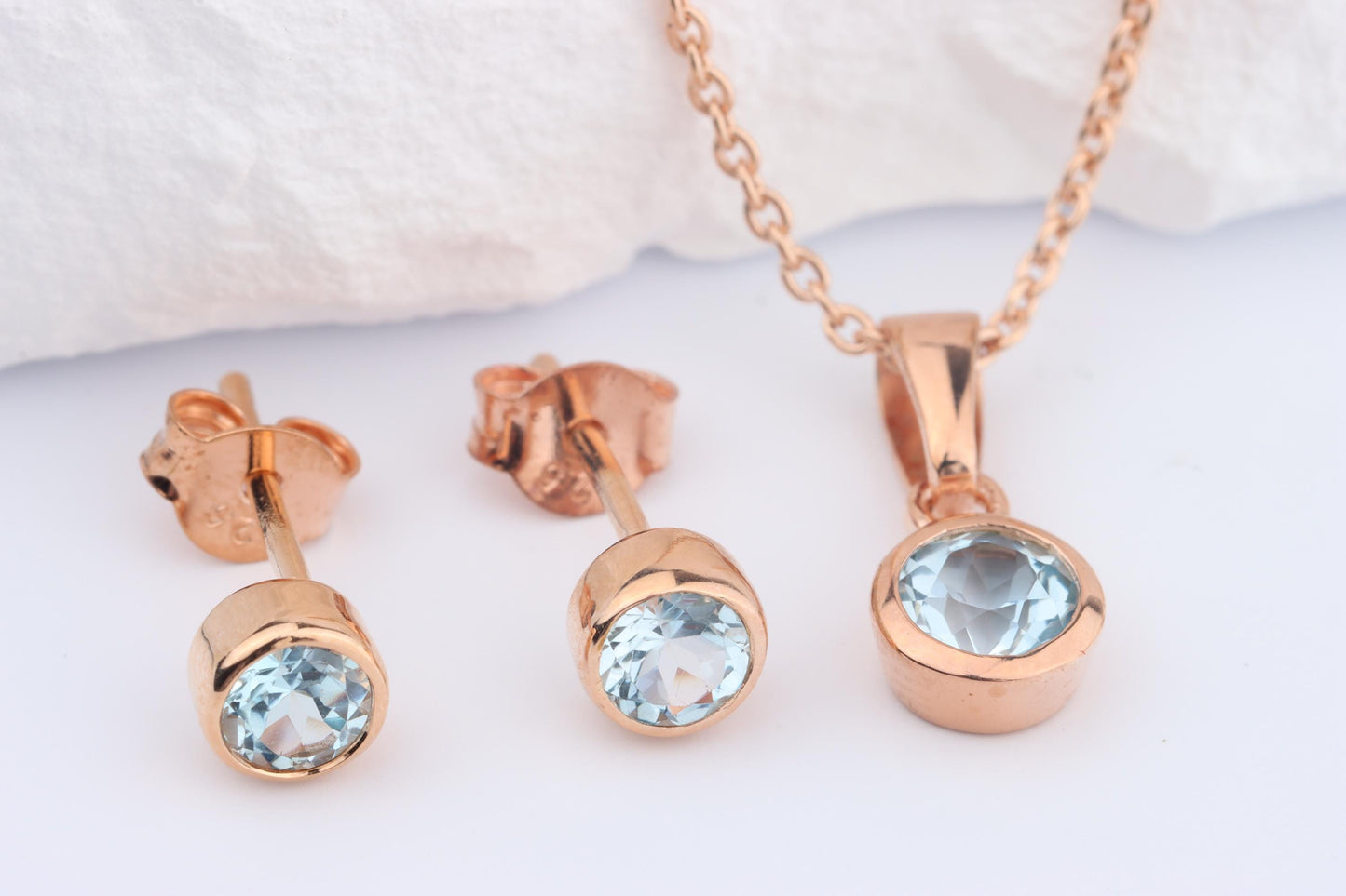Sterling Silver 18ct Rose Gold Plated March Birthstone Earrings & Necklace Set