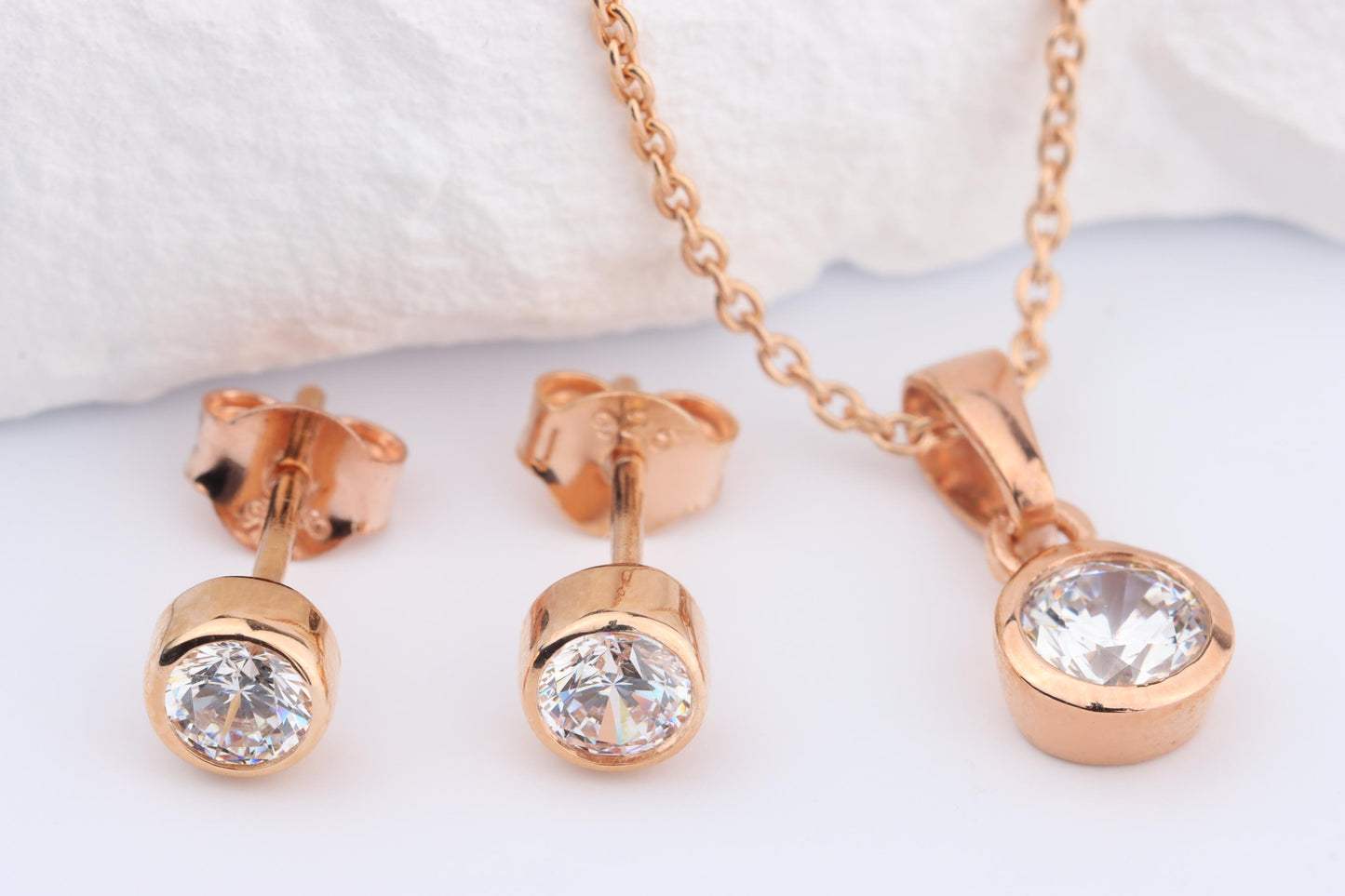 Sterling Silver 18ct Rose Gold Plated April Birthstone Earrings & Necklace Set