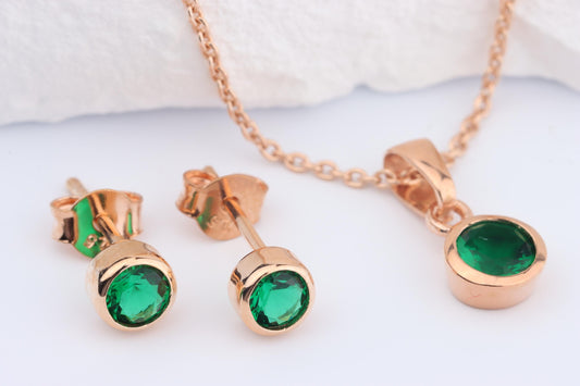 Sterling Silver 18ct Rose Gold Plated May Birthstone Earrings & Necklace Set