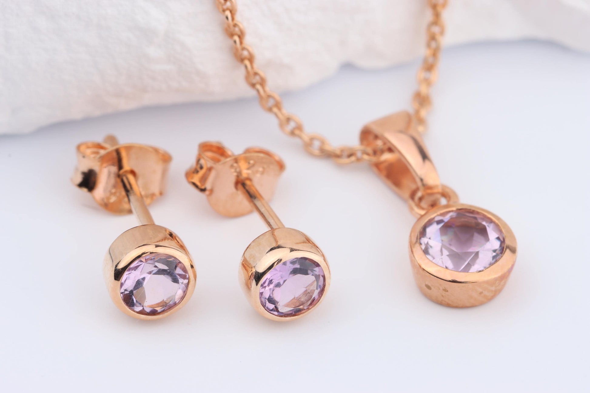 Sterling Silver 18ct Rose Gold Plated June Birthstone Earrings & Necklace Set