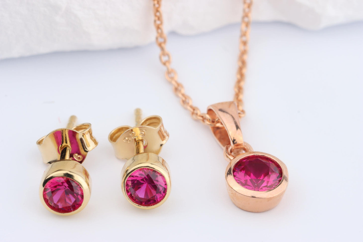 Sterling Silver 18ct Rose/Yellow Gold Plated July Birthstone Earrings & Necklace Set