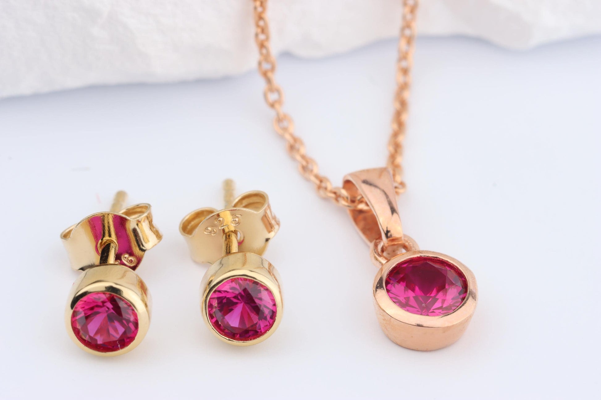 Sterling Silver 18ct Rose/Yellow Gold Plated July Birthstone Earrings & Necklace Set