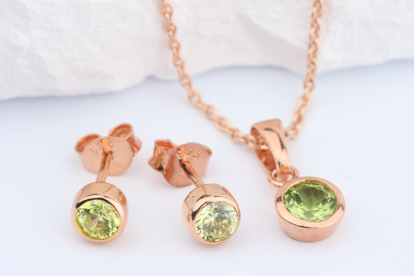 Sterling Silver 18ct Rose Gold Plated August Birthstone Earrings & Necklace Set
