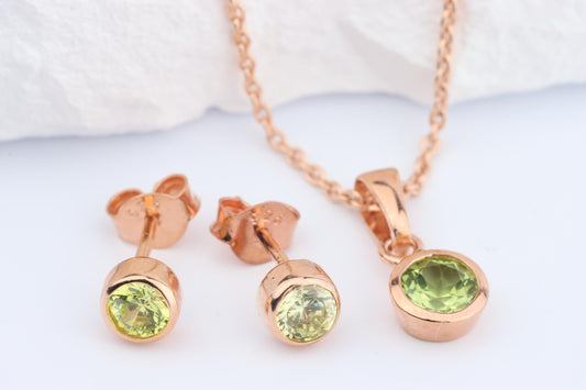 Sterling Silver 18ct Rose Gold Plated August Birthstone Earrings & Necklace Set