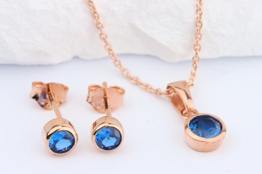 Sterling Silver 18ct Rose Gold Plated September Birthstone Earrings & Necklace Set