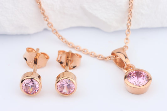 Sterling Silver 18ct Rose Gold Plated October Birthstone Earrings & Necklace Set