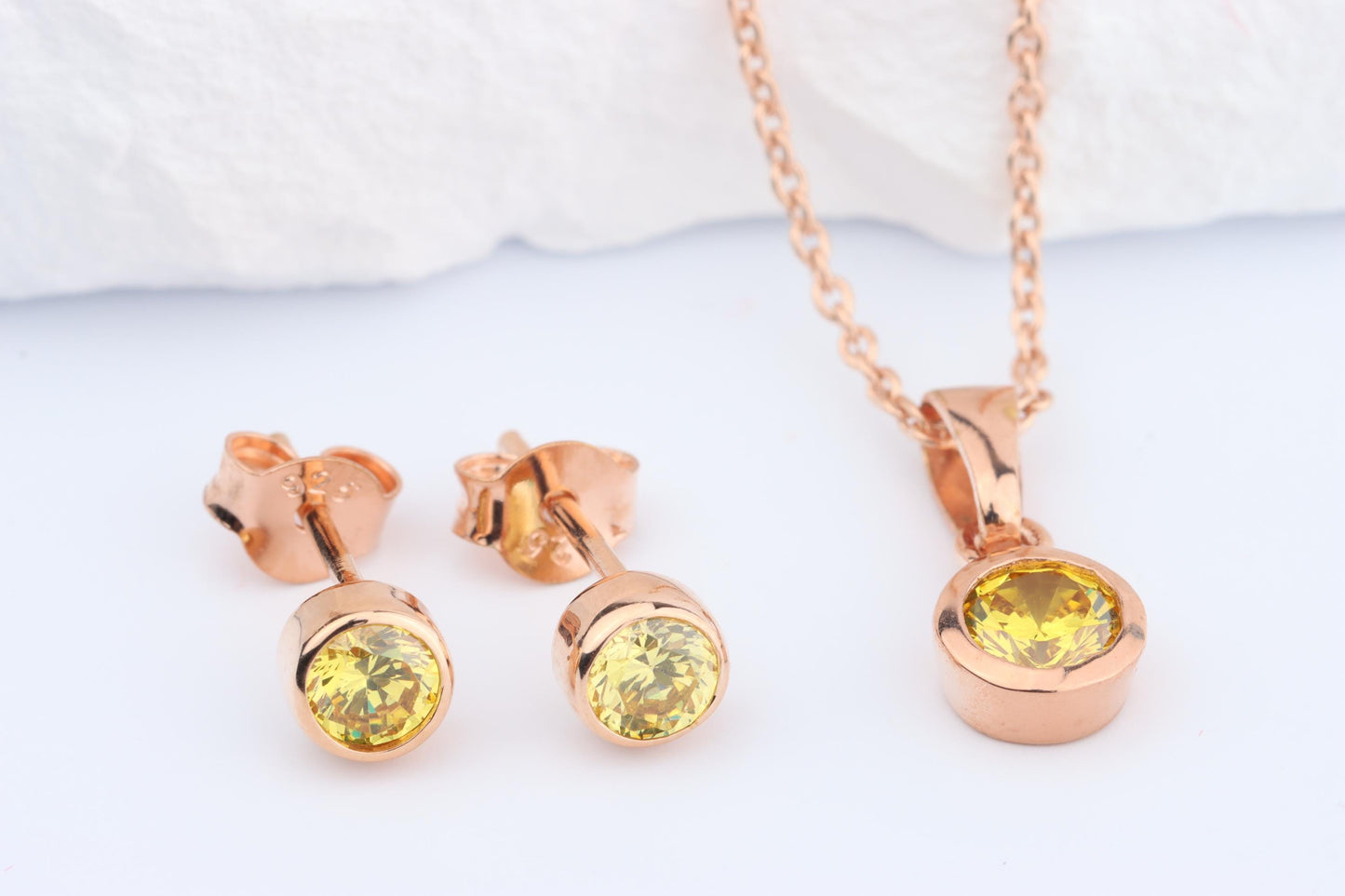 Sterling Silver 18ct Rose Gold Plated November Birthstone Earrings & Necklace Set