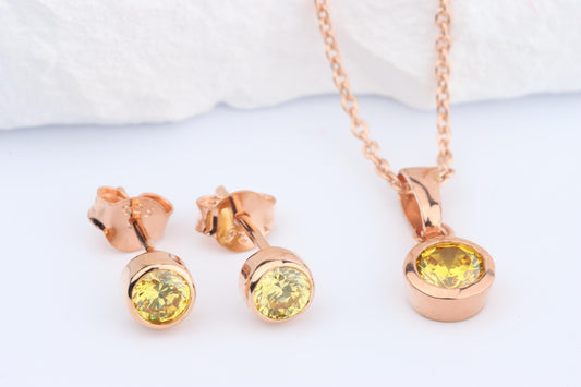 Sterling Silver 18ct Rose Gold Plated November Birthstone Earrings & Necklace Set