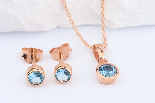 Sterling Silver 18ct Rose Gold Plated December Birthstone Earrings & Necklace Set