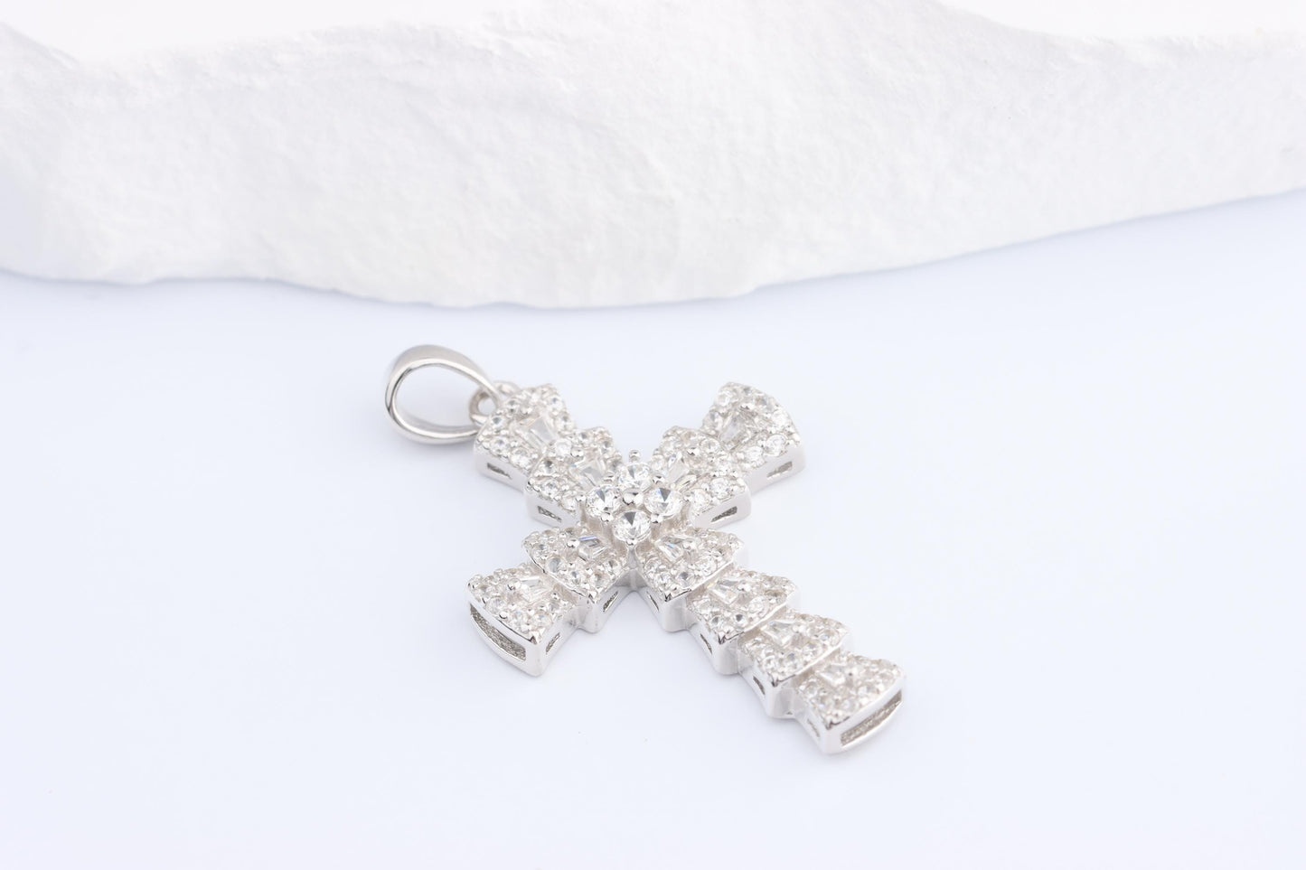 Sterling Silver 925 Mini CZ Encrusted Cross Pendant Necklace