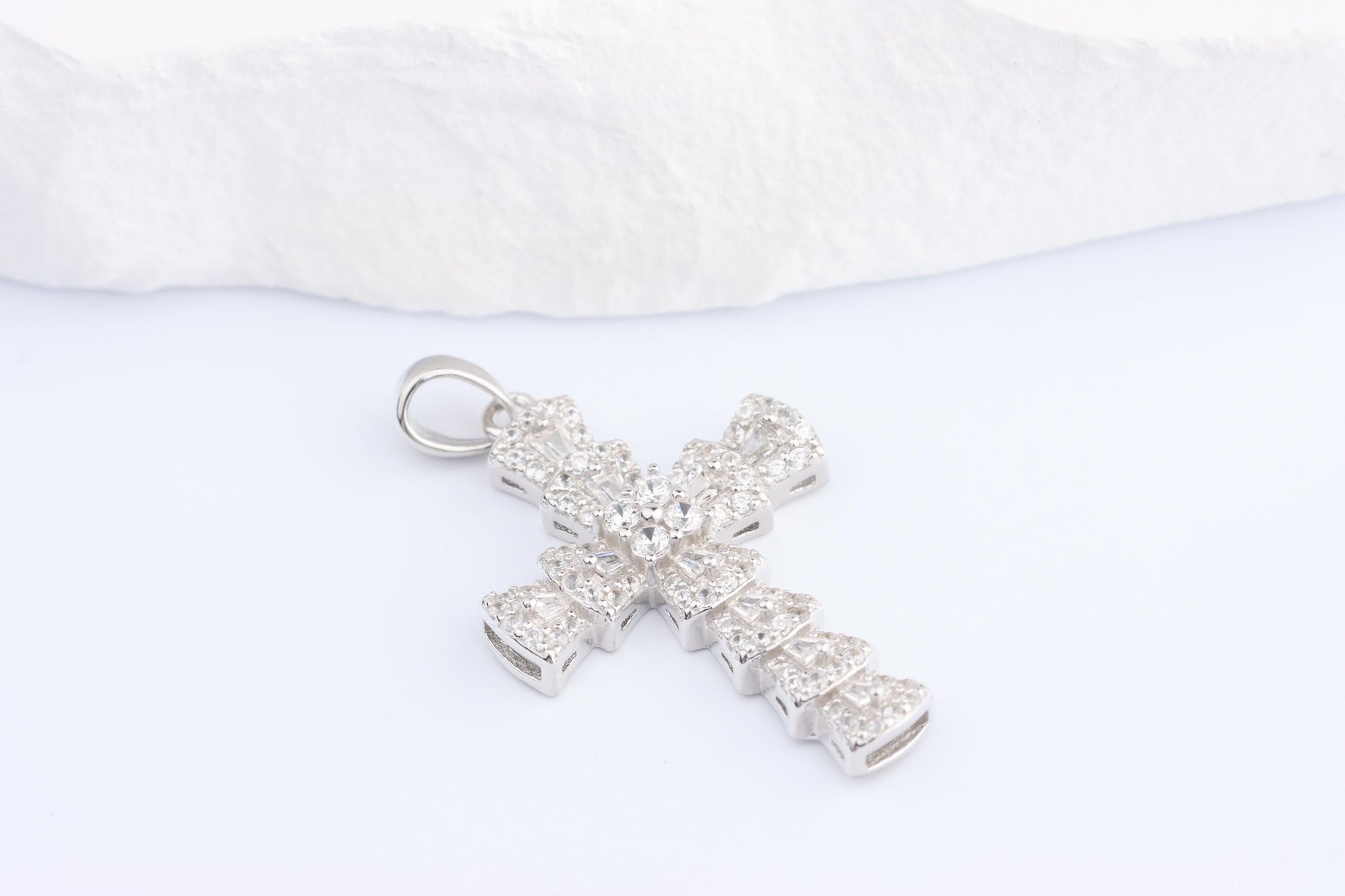 Sterling Silver 925 Mini CZ Encrusted Cross Pendant Necklace